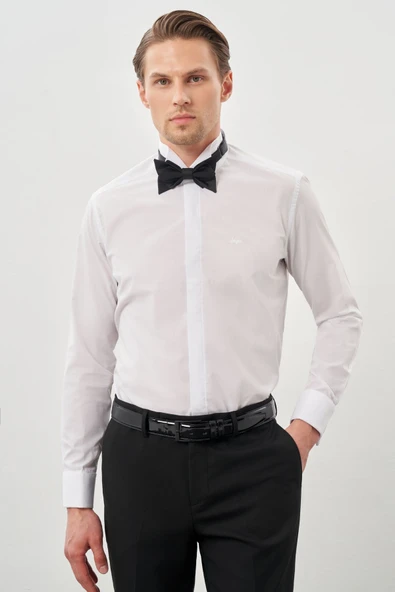 Beyaz Uzun Kollu Bez Ayağı Ata Yaka Cepsiz Pamuklu Basic Slim Fit Dar Kesim Gömlek 1004240060 ürün görseli 1