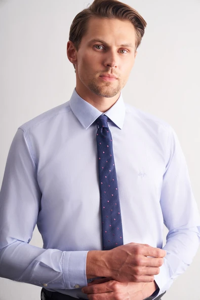 Mavi Uzun Kollu Filafil  Sert Yaka Cepsiz  Pamuklu Basic Slim Fit Dar Kesim Gömlek 1004240008 ürün görseli 1