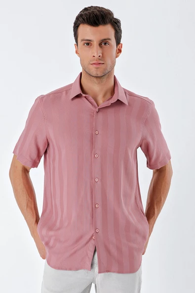 Pembe Sert Yaka Kısa Kol Cepsiz Comfort Fit Classic Gömlek 1004230204 ürün görseli 1