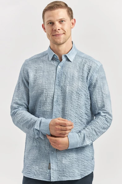 Mavi Uzun Kollu Baskılı Gofreli Cepsiz Pamuklu Likralı Slim Fit Gömlek 1004240100 ürün görseli 1