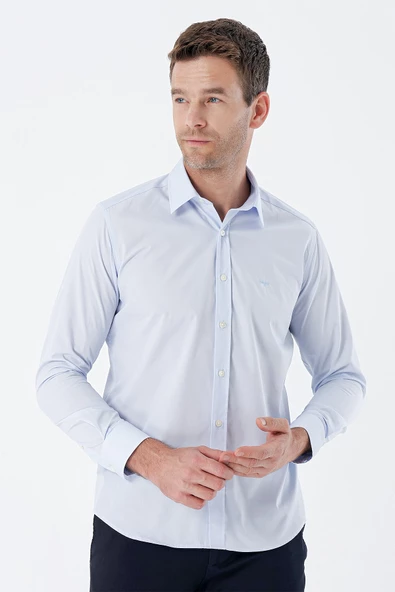 Mavi Uzun Kollu Bez Ayağı Sert Yaka Cepsiz Pamuklu Basic Slim Fit Dar Kesim Gömlek 1004235357 ürün görseli 1