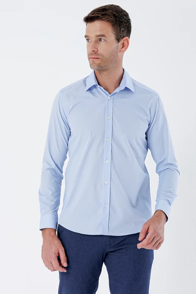 Mavi Uzun Kollu Bez Ayağı Sert Yaka Cepsiz Pamuklu Basic Slim Fit Dar Kesim Gömlek 1004235357 ürün görseli 1