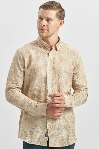 Bej Uzun Kollu Baskılı Gofreli Cepsiz Pamuklu Likralı Slim Fit Gömlek 1004240100 ürün görseli 1