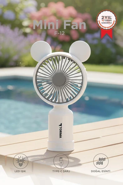 Şarjlı El Vantilatörü Ayıcık Kulaklı 2 Kademeli Işıklı Mini Fan F12 Beyaz ürün görseli 1