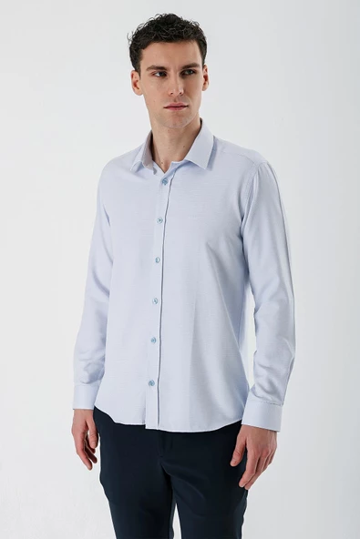 Mavi Uzun Kollu Armürlü Cepsiz Pamuklu Slim Fit Gömlek 1004235171 ürün görseli 1