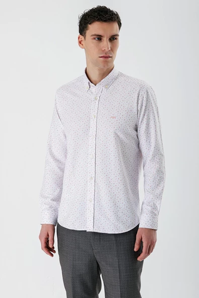 Ekru Uzun Kollu Baskılı Bez Ayağı Düğmeli Yaka Cepsiz Pamuklu Slim Fit Gömlek 1004235170 ürün görseli 1