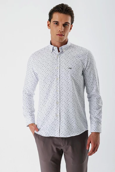 Beyaz Uzun Kollu Baskılı Bez Ayağı Düğmeli Yaka Cepsiz Pamuklu Slim Fit Gömlek 1004235170 ürün görseli 1