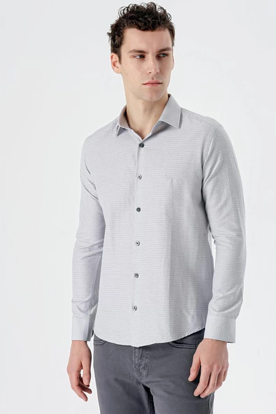 Gri Uzun Kollu Armürlü Cepsiz Pamuklu Slim Fit Gömlek 1004235168 ürün görseli 1