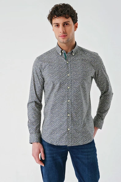 Uzun Kollu Baskılı Cepsiz Biyeli Pamuklu Likralı Slim Fit Gömlek 1004240141 ürün görseli 1