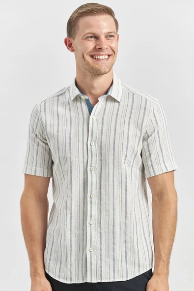 Lacivert Kısa Kollu Armürlü Garnili Pamuklu Casual Slim Fit Gömlek 1004240244 ürün görseli 1