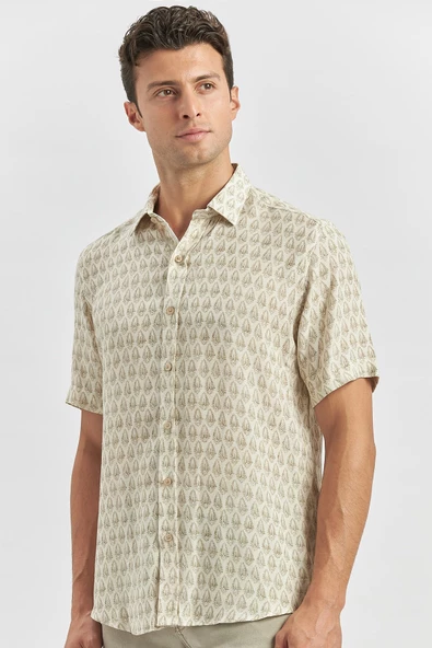Yeşil Kısa Kollu Baskılı Düğmeli Yaka Keten Casual Slim Fit Dar Kesim Gömlek 1004240241 ürün görseli 1