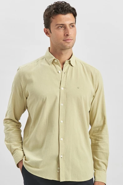 Yeşil Uzun Kollu Gofreli Biyeli %100 Pamuk Casual Slim Fit Dar Kesim Gömlek 1004240247 ürün görseli 1