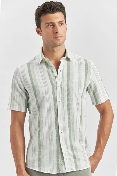 Yeşil Kısa Kollu Çizgili Armürlü Pamuklu Casual Slim Fit Dar Kesim Gömlek 1004240243 ürün görseli 1