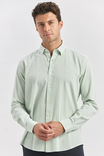 Turkuaz Uzun Kollu Gofreli Biyeli %100 Pamuk Casual Slim Fit Dar Kesim Gömlek 1004240247 ürün görseli 1