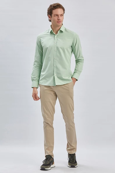 Yeşil Uzun Kollu Cepsiz Pamuklu Klasik Slim Fit Gömlek 1004240230 ürün görseli 1