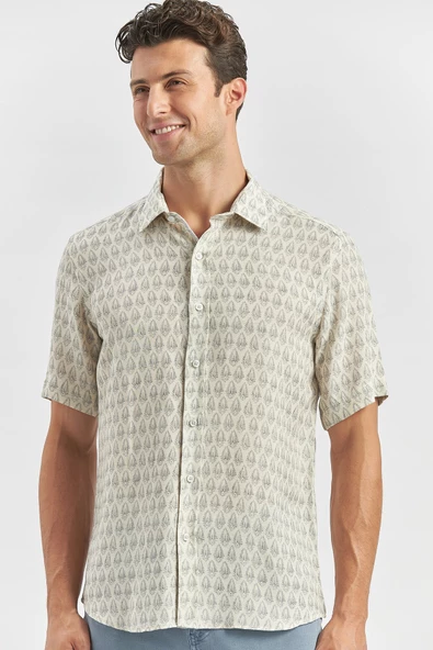 Lacivert Kısa Kollu Baskılı Düğmeli Yaka Keten Casual Slim Fit Dar Kesim Gömlek 1004240241 ürün görseli 1