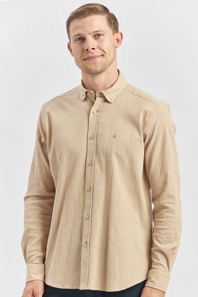 Turuncu Uzun Kollu Gofreli Biyeli %100 Pamuk Casual Slim Fit Dar Kesim Gömlek 1004240247 ürün görseli 1
