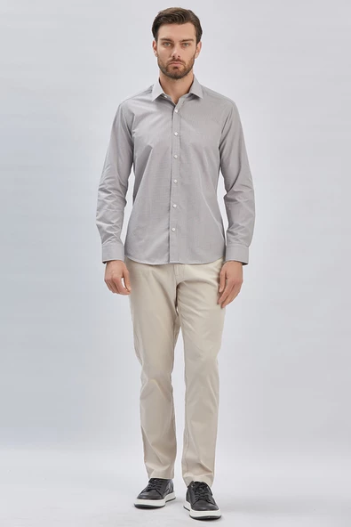 Gri Uzun Kollu Cepsiz Pamuklu Klasik Slim Fit Gömlek 1004240230 ürün görseli 1