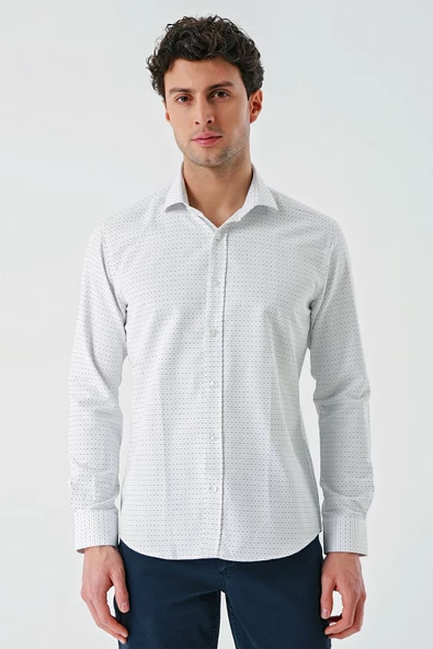 Bej Uzun Kollu Desenli Armürlü Cepsiz Pamuklu Klasik Slim Fit Dar Kesim Gömlek 1004240189 ürün görseli 1