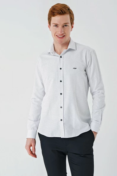 Siyah Uzun Kollu Desenli Armürlü Cepsiz Pamuklu Klasik Slim Fit Dar Kesim Gömlek 1004240189 ürün görseli 1
