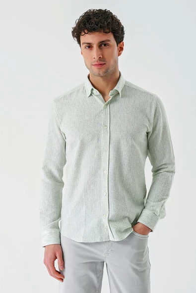 Yeşil Uzun Kollu Biritli Yaka Pamuklu Likralı Casual Slim Fit Gömlek 1004240233 ürün görseli 1