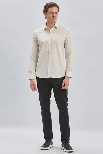 Bej Uzun Kollu Cepsiz Pamuklu Klasik Slim Fit Gömlek 1004240230 ürün görseli 1