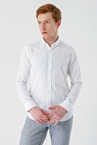 Beyaz Uzun Kollu Oxford Cepsiz %100 Pamuk Klasik Slim Fit Dar Kesim Gömlek 1004240188 ürün görseli 1