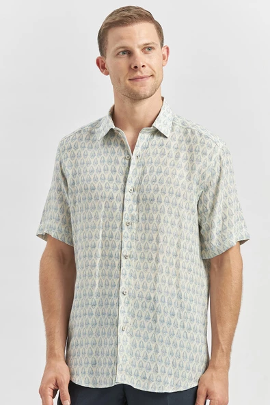 Mavi Kısa Kollu Baskılı Düğmeli Yaka Keten Casual Slim Fit Dar Kesim Gömlek 1004240241 ürün görseli 1