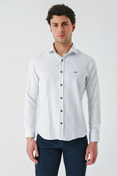 Lacivert Uzun Kollu Desenli Armürlü Cepsiz Pamuklu Klasik Slim Fit Dar Kesim Gömlek 1004240189 ürün görseli 1