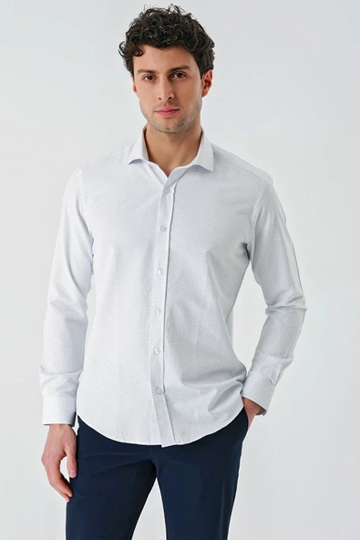 Mavi Uzun Kollu Desenli Armürlü Cepsiz Pamuklu Klasik Slim Fit Dar Kesim Gömlek 1004240189 ürün görseli 1