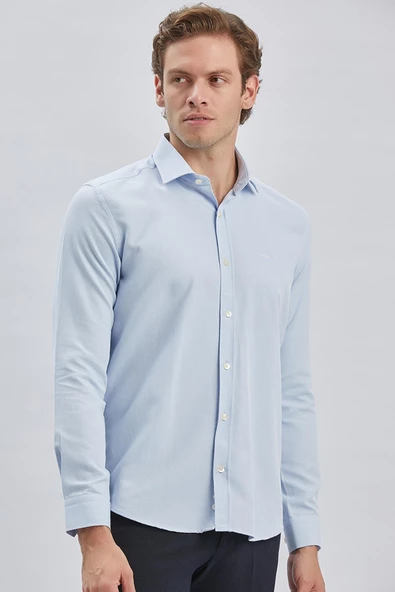 Mavi Uzun Kol Kendinden Desenli Armürlü Yarım İtalyan Yaka Classic Slim Fit Gömlek 1004240250 ürün görseli 1