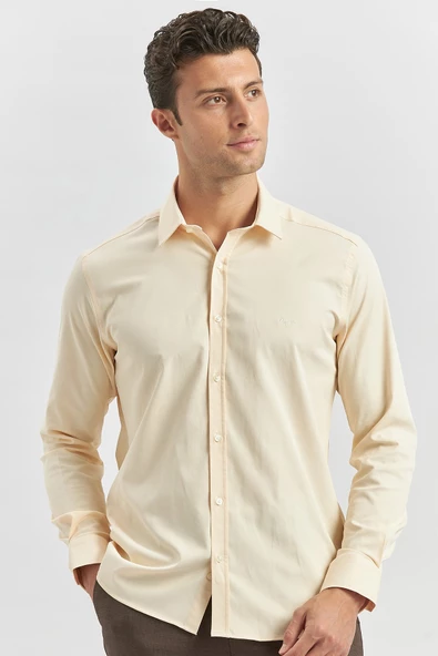 Bej Uzun Kol Düz Bez Ayağı Sert Yaka Classic Slim Fit Gömlek 1004240334 ürün görseli 1