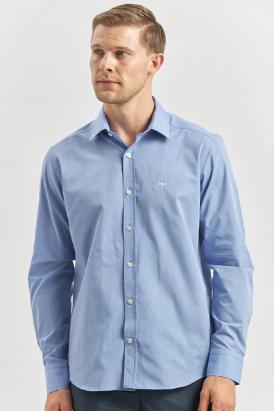 Mavi Uzun Kol Düz Filafil Sert Yaka Cepsiz Pamuklu Classic Slim Fit Gömlek 1004240913 ürün görseli 1