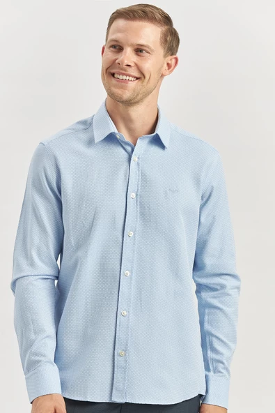 Mavi Uzun Kol Kendinden Desenli Armürlü Sert Yaka Casual Slim Fit Gömlek 1004240249 ürün görseli 1