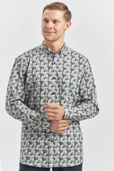 Gri Uzun Kol Kendinden BASKILI Perfectto Classic Comfort Fit Gömlek 1004240251 ürün görseli 1