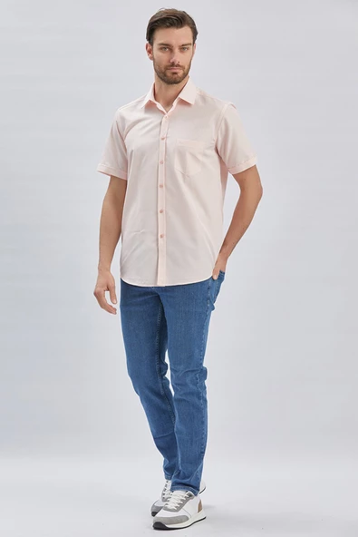 Pembe Kısa Kollu Cepli Pamuklu Klasik Comfort Fit Rahat Kesim Gömlek 1004240231 ürün görseli 1