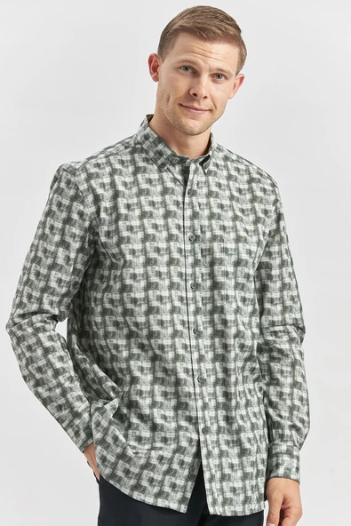 Yeşil Uzun Kol Kendinden BASKILI Perfectto Classic Comfort Fit Gömlek 1004240251 ürün görseli 1