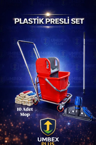 Umbex Plus -Tek Kovalı Krom Paspas Arabası Ve Temizlik Arabası Temizlik Seti Plastik + Islak Mop Seti. 20 ADET ürün görseli 1