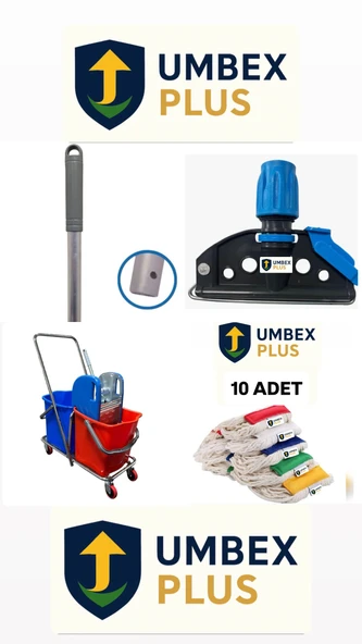 Umbex Plus -Çift Kovalı Temizlik Araba Krom Çelik Presli Paspas Araba Islak Mop Seti 10 Adet ürün görseli 1