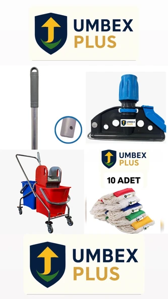Umbex Plus -Çift Kovalı Krom Temizlik Arabası Paspas Arabası Islak Mop Seti 10 Adet Mop ürün görseli 1