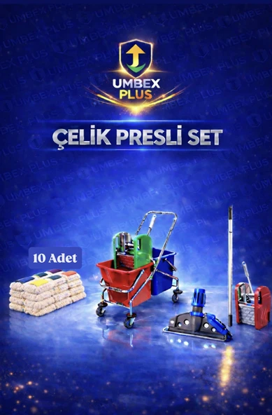 Umbex Plus Çift Kovalı Temizlik Arabası Krom Gövdeli Çelik Presli Paspas Arabası Seti Islak Mop Seti. ürün görseli 1