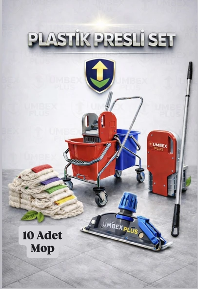 Umbex Plus -Çift Kovalı Krom Temizlik Arabası Paspas Arabası Islak Mop Seti 12 Parça 10 ADET MOP ürün görseli 1