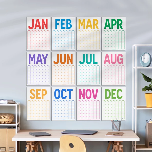 Sürekli Takvim, 12 Aylık Tarihsiz Takvim, Aylık Planlayıcı Takvim, A4, 33 x 48 cm, Undated Monthly Wall Planner, Wall Ca ürün görseli 1