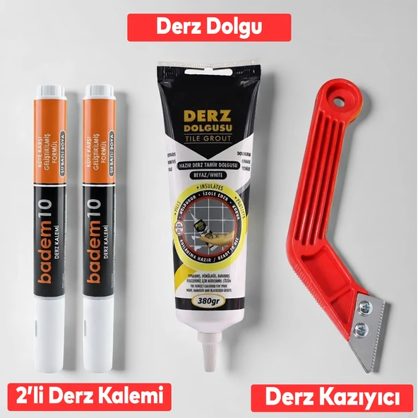 Fayans Derz Yenileme Temizleme Seti Beyaz 380 Gr Derz Dolgu + Derz Kazıyıcı + 2'li Derz Kalemi (3'lü Set) ürün görseli 1