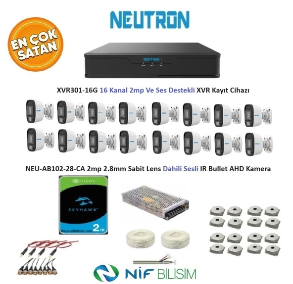 Neutron 2mp 16 kameralı Sesli Dış ortam AHD Full Kamera Seti 2TB Disk XVR301-16G NEU-AB102-28-CA ürün görseli 1