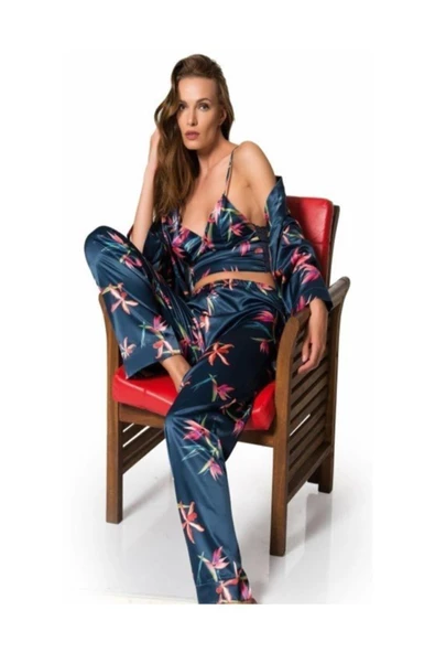 007 Üçlü Saten Pijama Takımı ürün görseli 1