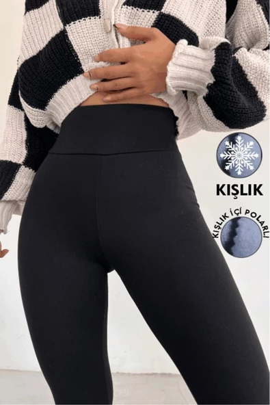 Kadın Siyah Kışlık Yüksek Bel Toparlayıcı Korseli İnterlok Çelik Örme Tayt İç Göstermez ürün görseli 1