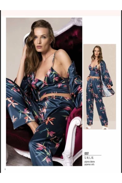 Kadın Lacivert Saten Pijama Takımı 007 ürün görseli 1