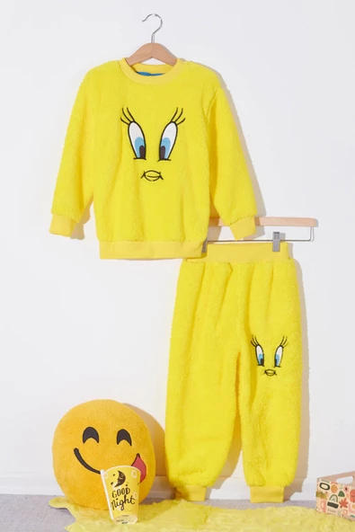 Sarı Tweety Nakışlı Peluş Kız - Erkek Çocuk Welsoft Eşofman Takımı 2-12 Yaş ürün görseli 1