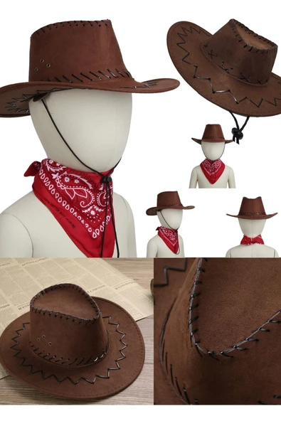 Kahverengi Kovboy Şapkası Bağcıklı Yetişkin Boy Nubuk Süet Kovboy Şapka Koyu Kahverenk Parti Cosplay ürün görseli 1